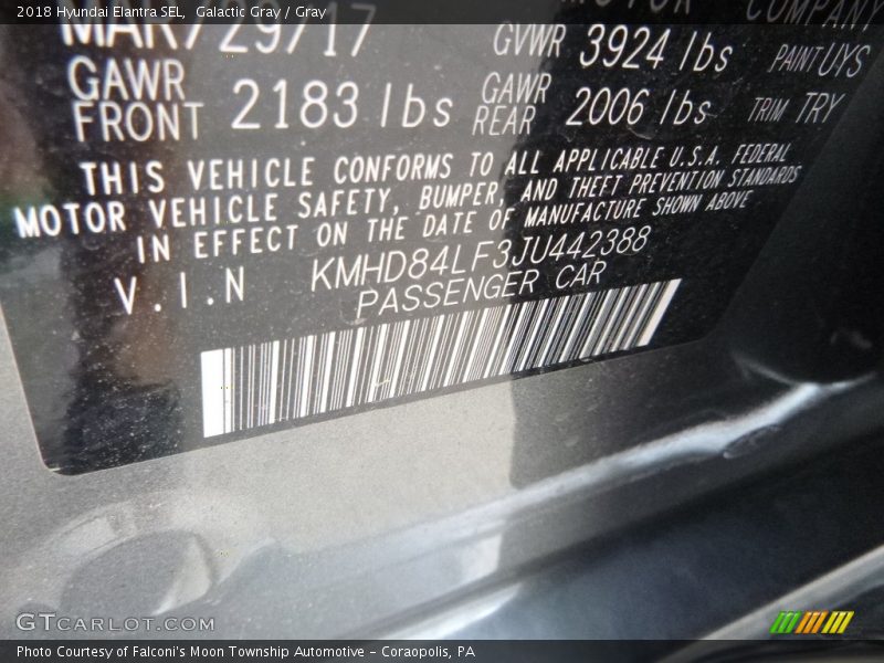 Galactic Gray / Gray 2018 Hyundai Elantra SEL