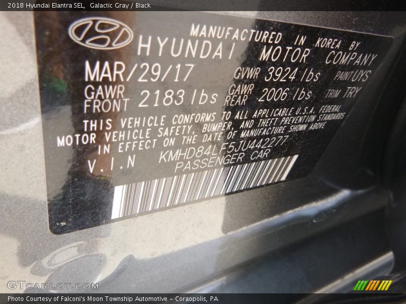 Galactic Gray / Black 2018 Hyundai Elantra SEL