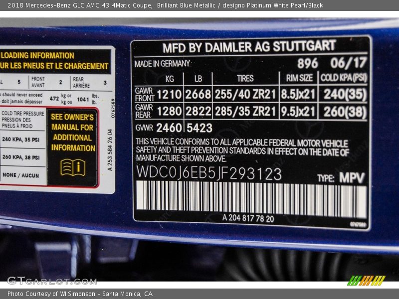 2018 GLC AMG 43 4Matic Coupe Brilliant Blue Metallic Color Code 896