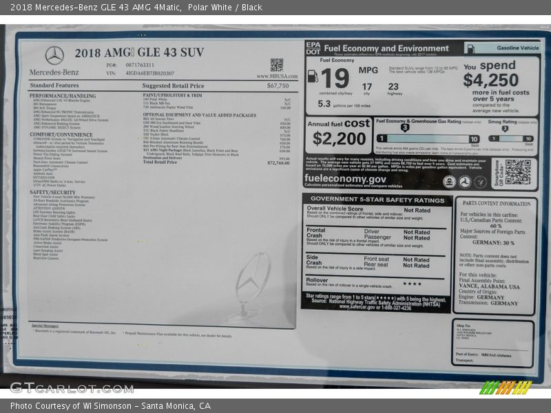  2018 GLE 43 AMG 4Matic Window Sticker
