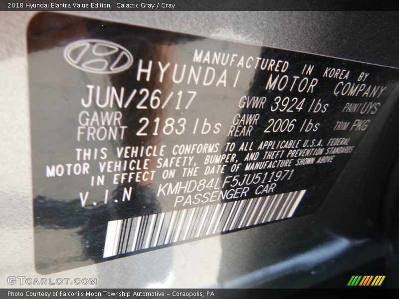 Galactic Gray / Gray 2018 Hyundai Elantra Value Edition