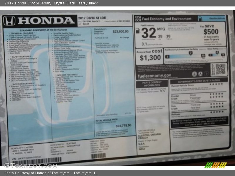 Crystal Black Pearl / Black 2017 Honda Civic Si Sedan