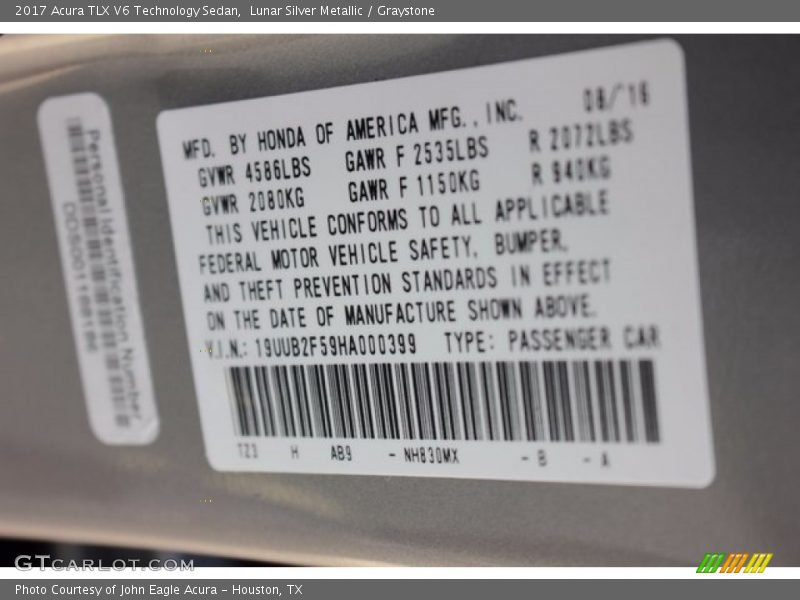 Lunar Silver Metallic / Graystone 2017 Acura TLX V6 Technology Sedan