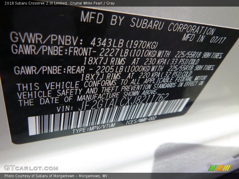Crystal White Pearl / Gray 2018 Subaru Crosstrek 2.0i Limited