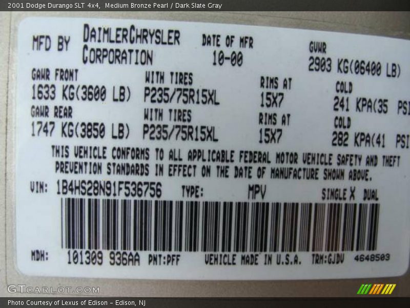 Medium Bronze Pearl / Dark Slate Gray 2001 Dodge Durango SLT 4x4
