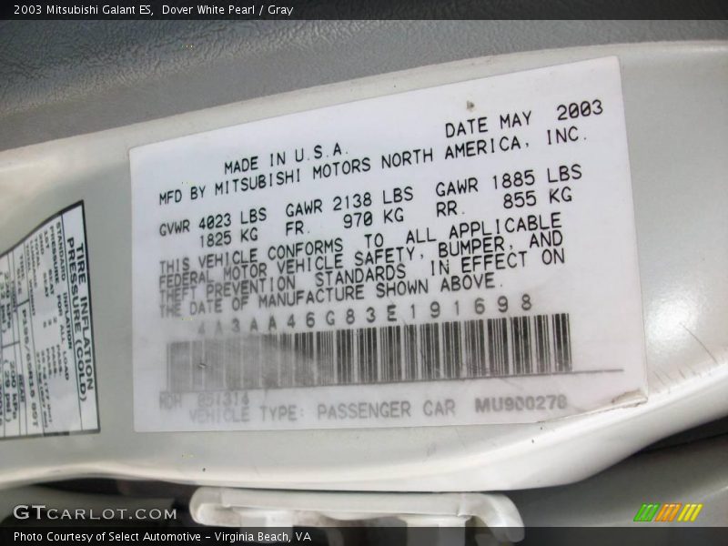 Dover White Pearl / Gray 2003 Mitsubishi Galant ES