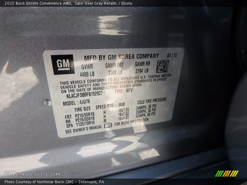 Satin Steel Gray Metallic / Ebony 2015 Buick Encore Convenience AWD