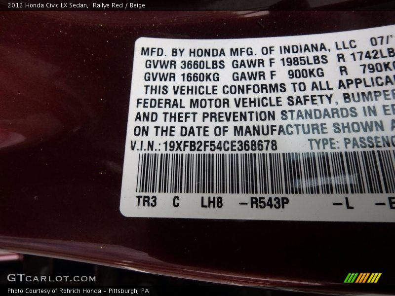 Rallye Red / Beige 2012 Honda Civic LX Sedan
