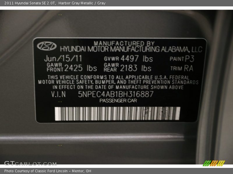 Harbor Gray Metallic / Gray 2011 Hyundai Sonata SE 2.0T