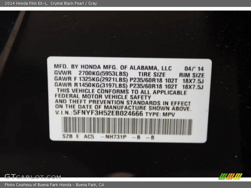 Crystal Black Pearl / Gray 2014 Honda Pilot EX-L
