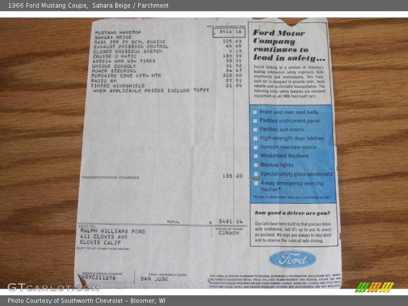 Sahara Beige / Parchment 1966 Ford Mustang Coupe