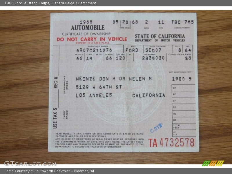 Sahara Beige / Parchment 1966 Ford Mustang Coupe