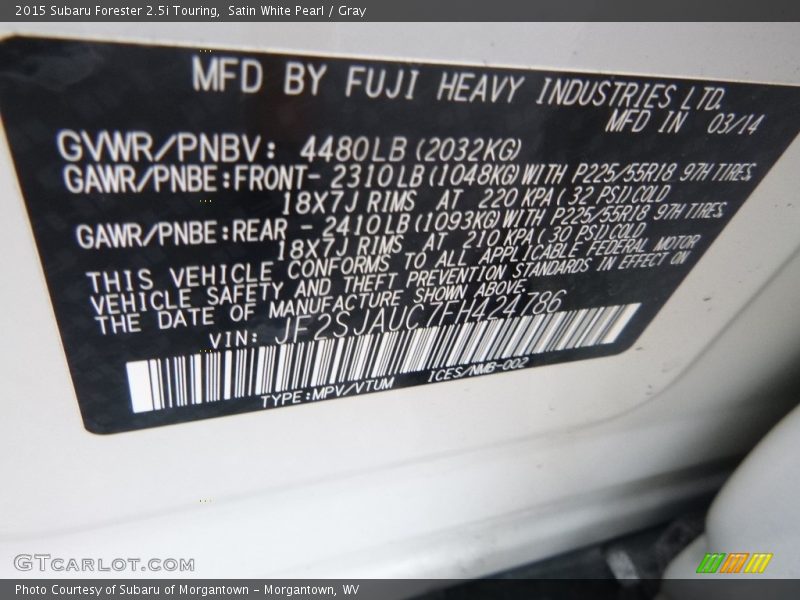 Satin White Pearl / Gray 2015 Subaru Forester 2.5i Touring