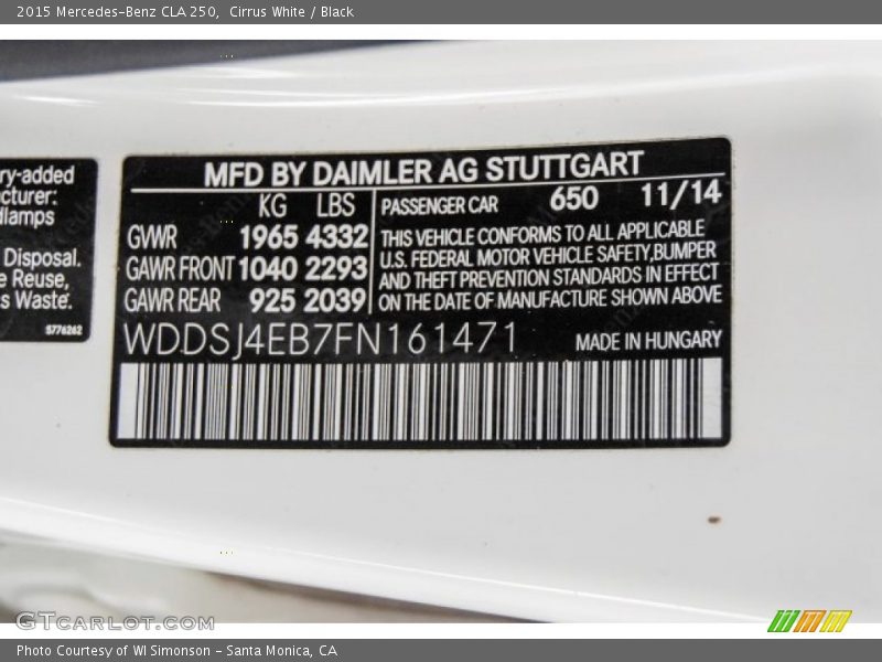 Cirrus White / Black 2015 Mercedes-Benz CLA 250