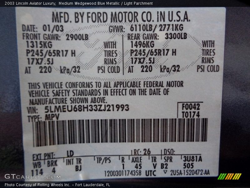 Medium Wedgewood Blue Metallic / Light Parchment 2003 Lincoln Aviator Luxury