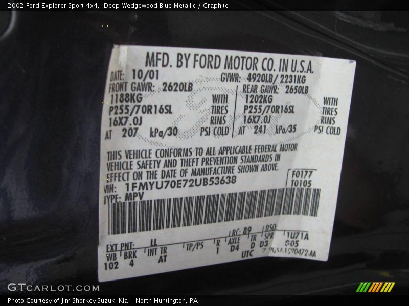 Deep Wedgewood Blue Metallic / Graphite 2002 Ford Explorer Sport 4x4