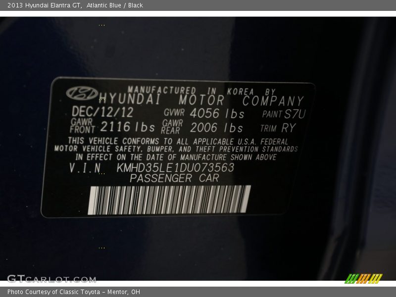 Atlantic Blue / Black 2013 Hyundai Elantra GT