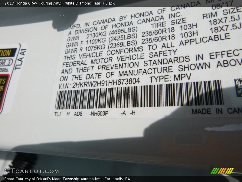 White Diamond Pearl / Black 2017 Honda CR-V Touring AWD