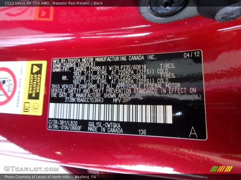 Matador Red Metallic / Black 2012 Lexus RX 350 AWD