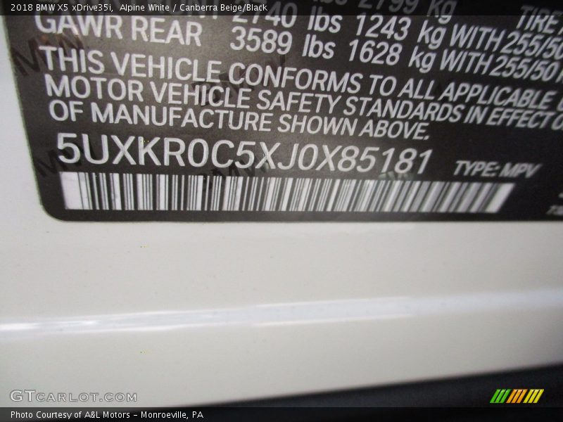 Alpine White / Canberra Beige/Black 2018 BMW X5 xDrive35i