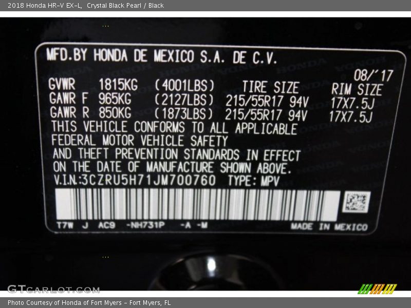 2018 HR-V EX-L Crystal Black Pearl Color Code NH731P