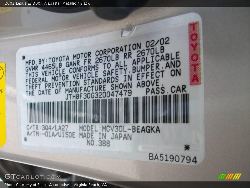 Alabaster Metallic / Black 2002 Lexus ES 300