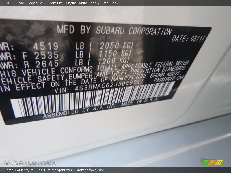 Crystal White Pearl / Slate Black 2018 Subaru Legacy 2.5i Premium