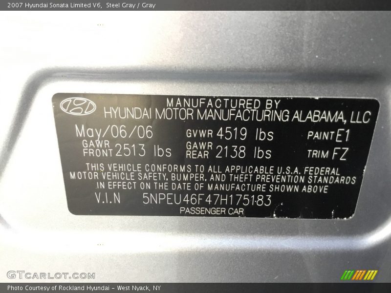 Steel Gray / Gray 2007 Hyundai Sonata Limited V6