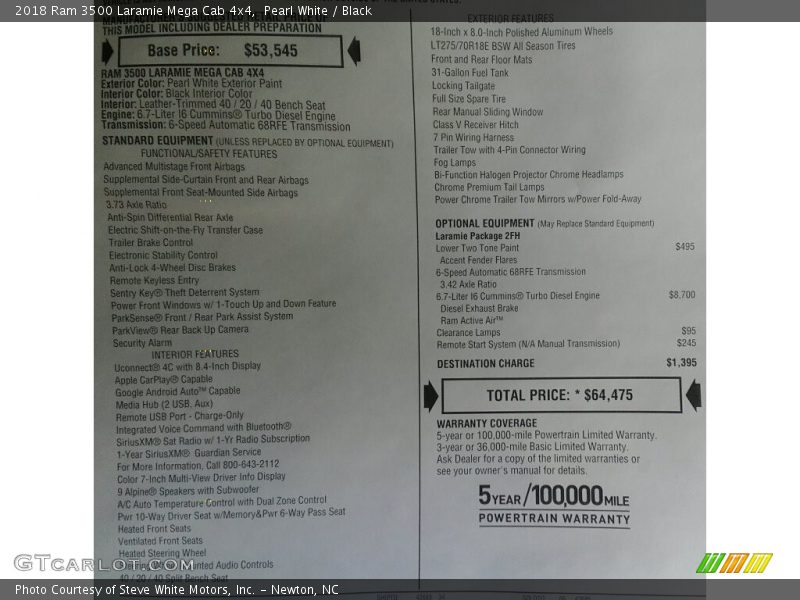 Pearl White / Black 2018 Ram 3500 Laramie Mega Cab 4x4