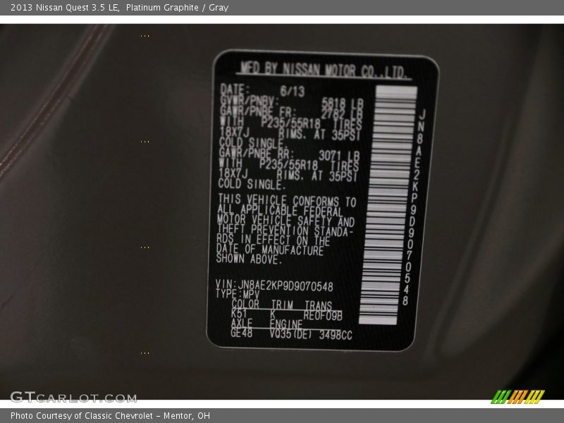 Platinum Graphite / Gray 2013 Nissan Quest 3.5 LE