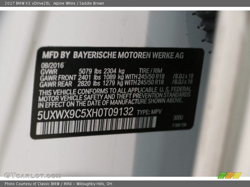 Alpine White / Saddle Brown 2017 BMW X3 xDrive28i