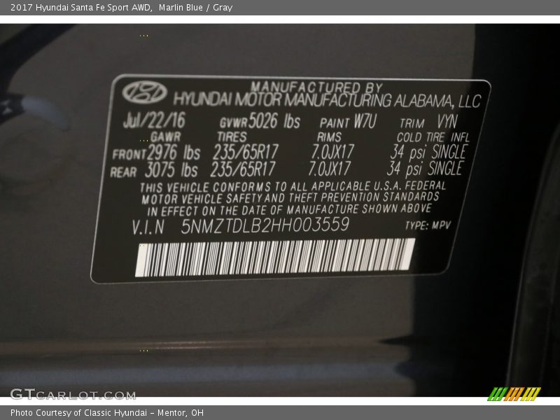 Marlin Blue / Gray 2017 Hyundai Santa Fe Sport AWD