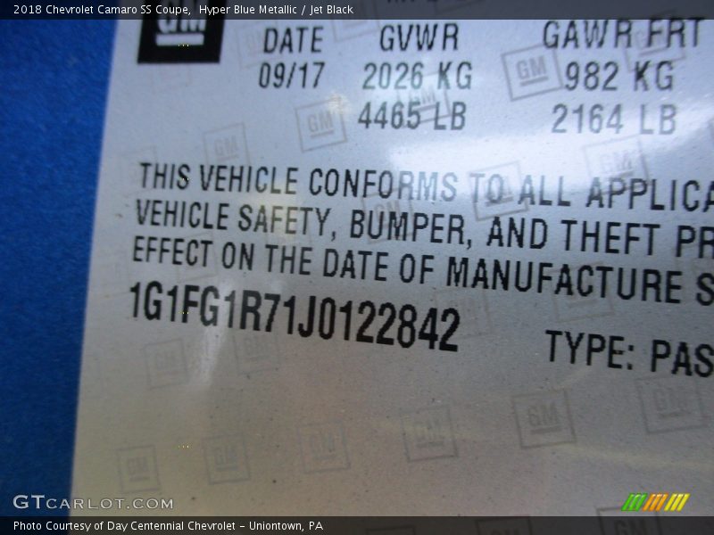 Hyper Blue Metallic / Jet Black 2018 Chevrolet Camaro SS Coupe