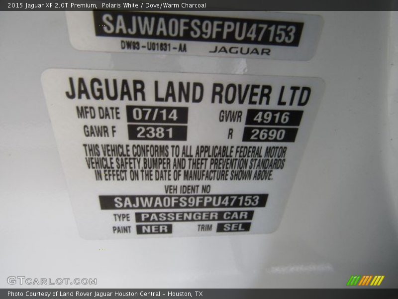 Polaris White / Dove/Warm Charcoal 2015 Jaguar XF 2.0T Premium