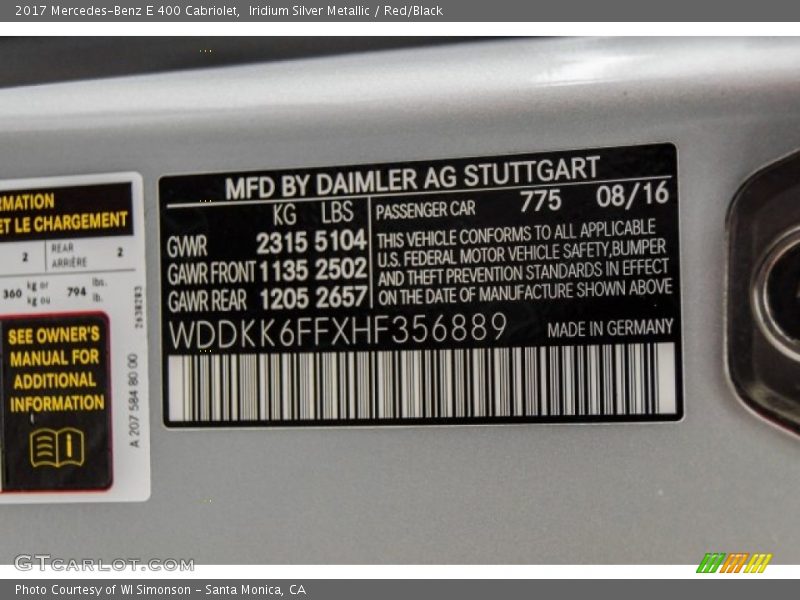Iridium Silver Metallic / Red/Black 2017 Mercedes-Benz E 400 Cabriolet