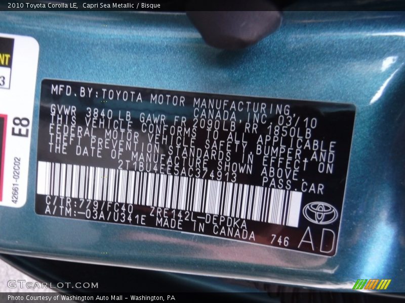 Capri Sea Metallic / Bisque 2010 Toyota Corolla LE