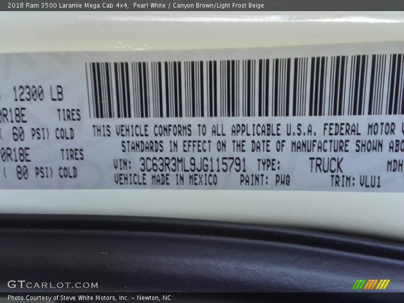 2018 3500 Laramie Mega Cab 4x4 Pearl White Color Code PWQ