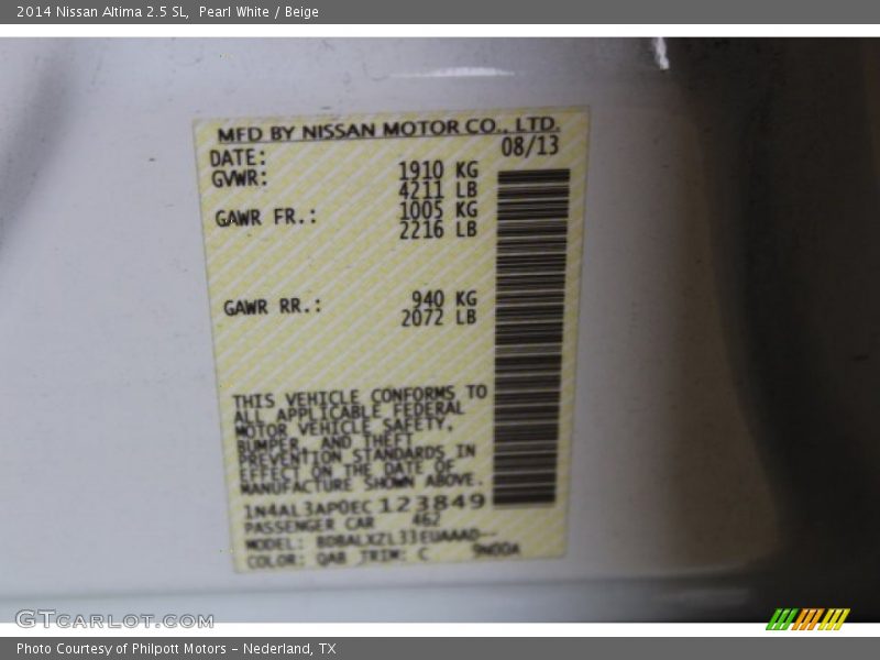 Pearl White / Beige 2014 Nissan Altima 2.5 SL