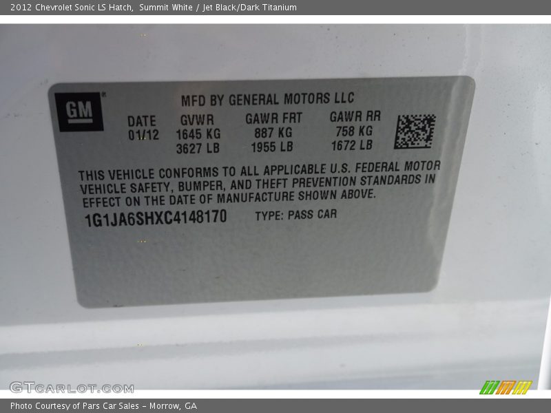 Summit White / Jet Black/Dark Titanium 2012 Chevrolet Sonic LS Hatch