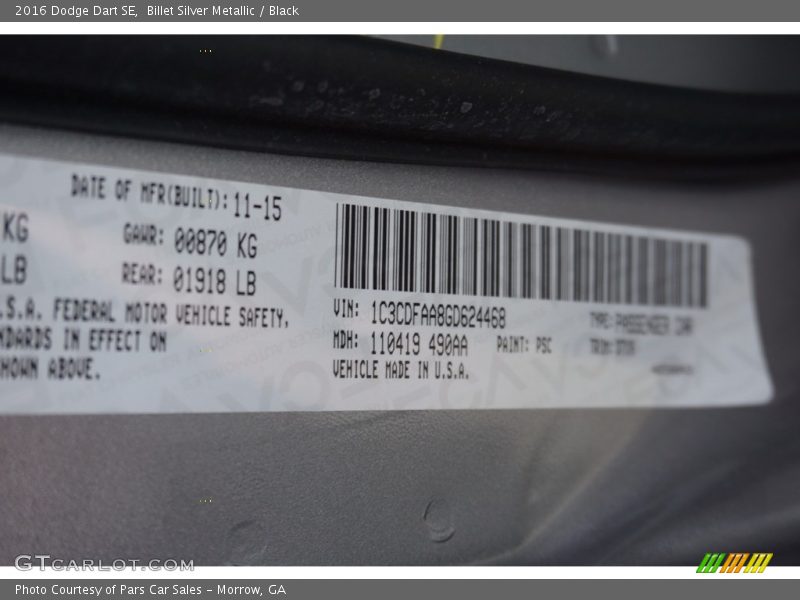 Billet Silver Metallic / Black 2016 Dodge Dart SE
