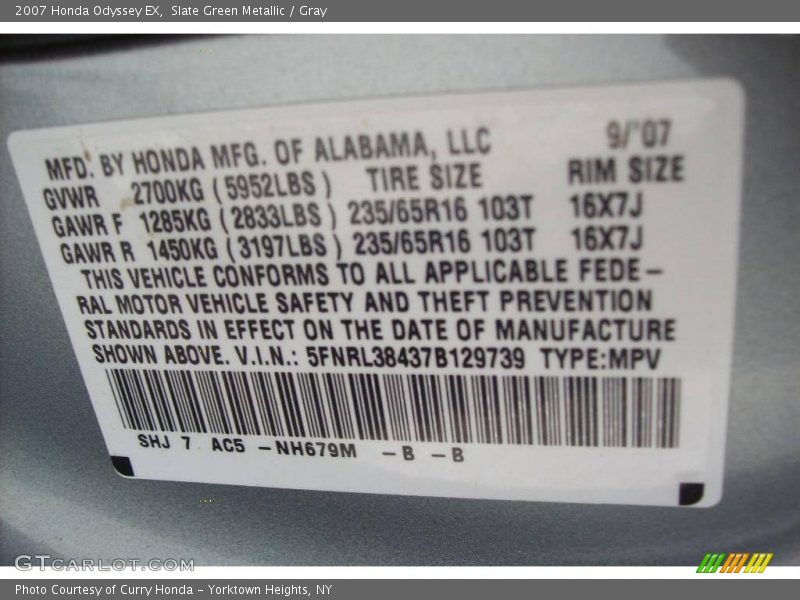 2007 Odyssey EX Slate Green Metallic Color Code NH679M