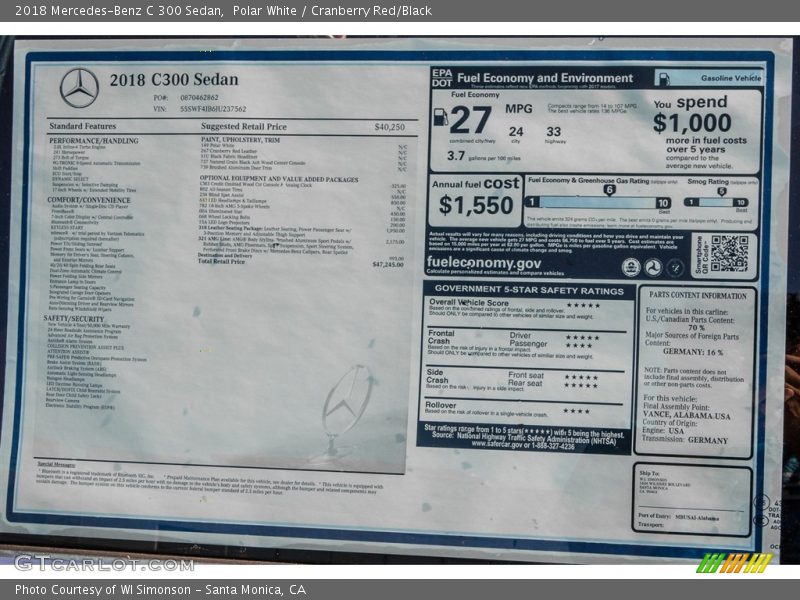 Polar White / Cranberry Red/Black 2018 Mercedes-Benz C 300 Sedan