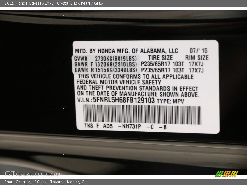 Crystal Black Pearl / Gray 2015 Honda Odyssey EX-L