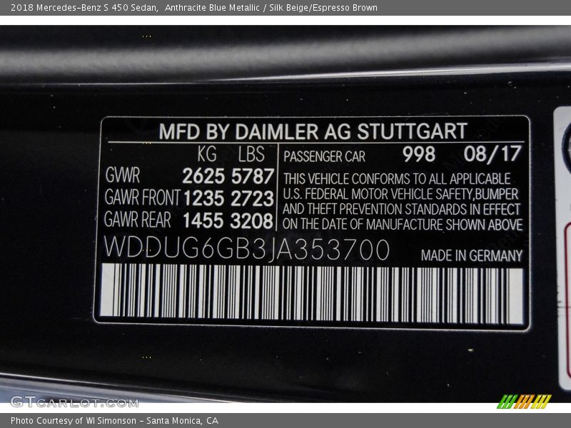 2018 S 450 Sedan Anthracite Blue Metallic Color Code 998