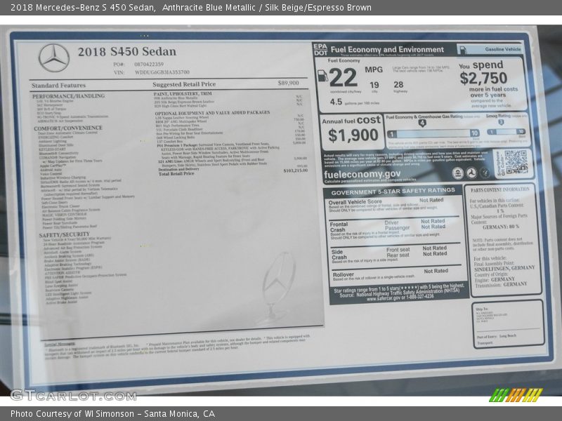  2018 S 450 Sedan Window Sticker