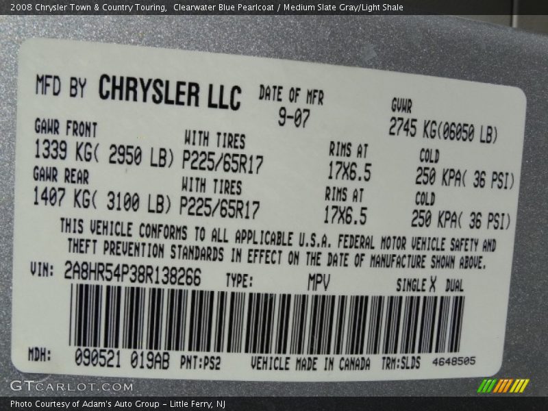 Clearwater Blue Pearlcoat / Medium Slate Gray/Light Shale 2008 Chrysler Town & Country Touring