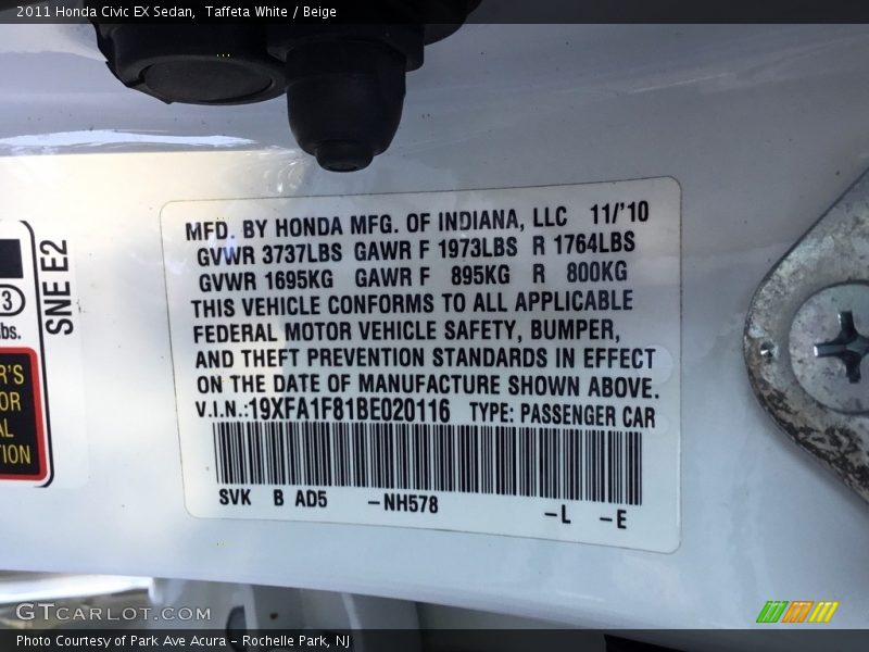 Taffeta White / Beige 2011 Honda Civic EX Sedan