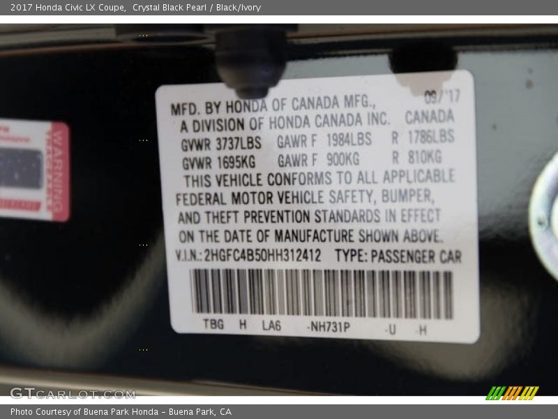 Crystal Black Pearl / Black/Ivory 2017 Honda Civic LX Coupe