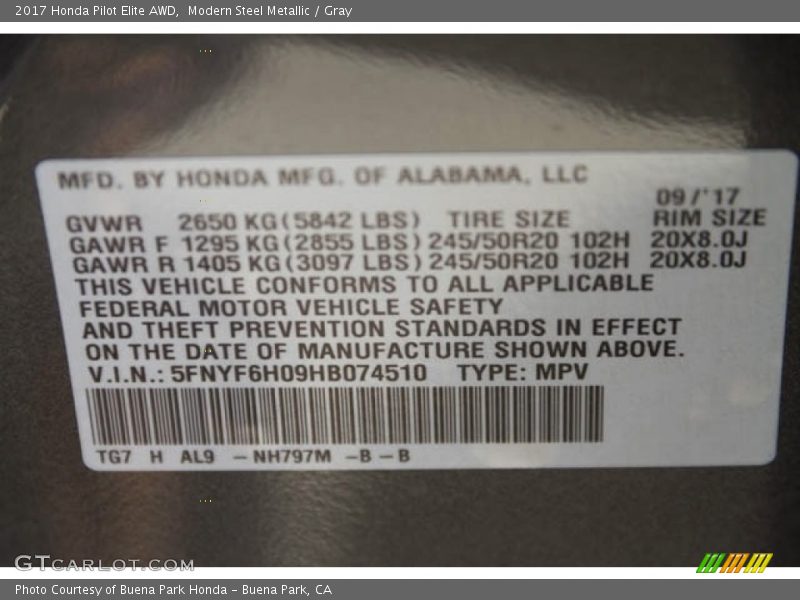 Modern Steel Metallic / Gray 2017 Honda Pilot Elite AWD