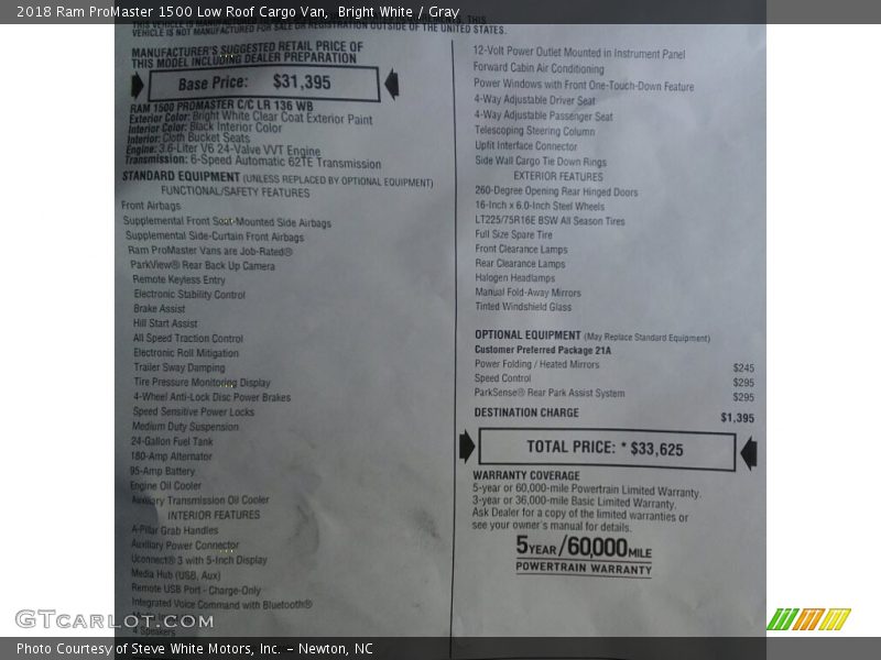  2018 ProMaster 1500 Low Roof Cargo Van Window Sticker